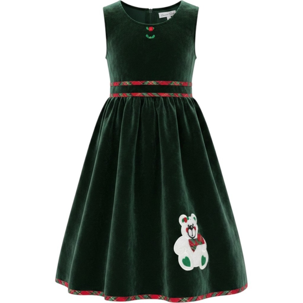 Rare Too Girls Green Velvet‎ Christmas Polar Bear Plaid Jumper Dress Size 6X